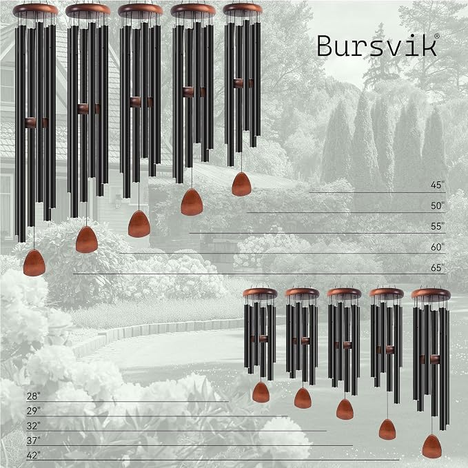 Bursvik Large Aluminium Wind Chimes 37" to Create a Zen Atmosphere Suitable for Outdoor, Garden, Patio Decoration. Classic Black Wind Chime with Wind Catcher Suitable as A Gift for Mom Neighbor Unisex