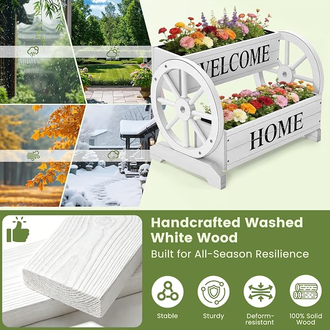 24" White Extra Large 2-Tier Wooden Wagon Planter Box | Whitewashed wood flower cart with drainage holes, liner, wagon wheels, and WELCOME HOME detail for porch and patio decor