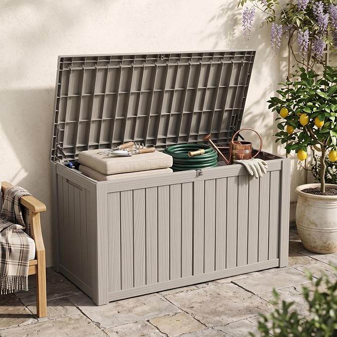 Outdoor Storage Box, 180 Gallon Waterproof Deck Box [Upgraded 3.1], Large Resin Storage with Hydraulic Gas Lifts for Cushions, Lawn Mower Tools Chest Bench, Large Backyard, Grey
