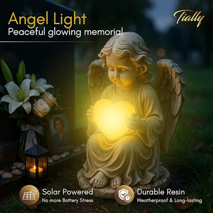 TIALLY Solar Garden Angel Statue – Praying Guardian Angel Statue Light for Outdoor Yard Decor, White Resin Garden Sculpture with Soft Glow for Angels Memorial or Cemetery Use