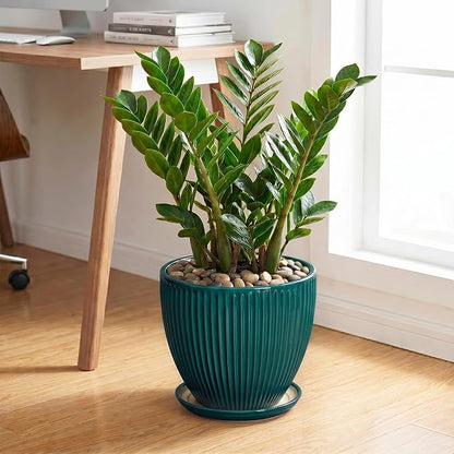 10 Inch Flower Pot, Round Ceramic Planters for Indoor Plants, Decorative Plant Pots with Drainage Hole and Saucer, Modern Large Planter, Office Decor, House Warming Gifts, Blackish Green