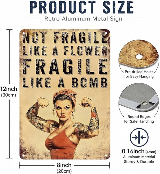 PEACHGARDEN Home Gym Decor for Women, Not Fragile Like a Flower Fragile Like a Bomb Aluminum Metal Sign, Vintage Fitness Girl Wall Decor, Motivational Workout Room Poster for Garage Gym, 8x12 Inch
