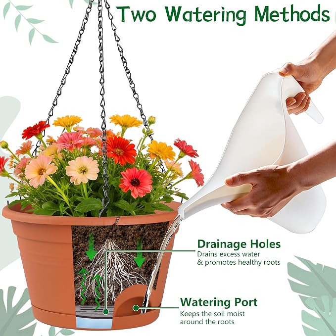 Nooulap 4 Pack Hanging Planters, 10 Inch Hanging Plant Pot, Red | Indoor Outdoor Hanging, with 40cm Chain, Rotatable Removable Tray, Bottom Drainage Available, Two Ways Watering