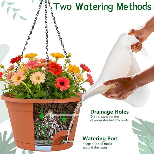 Nooulap 4 Pack Hanging Planters, 10 Inch Hanging Plant Pot, Red | Indoor Outdoor Hanging, with 40cm Chain, Rotatable Removable Tray, Bottom Drainage Available, Two Ways Watering