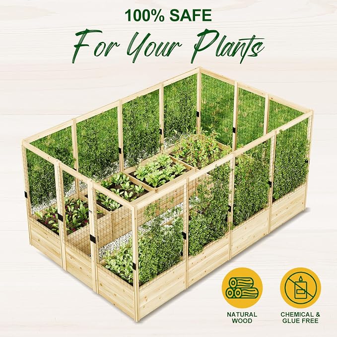 AMERLIFE Outdoor Raised Garden Bed with Deer Proof Fence, Wooden Raised Garden Bed with 19" Depth Planter Box, 7.5Wx12Dx6H Planter with Fence