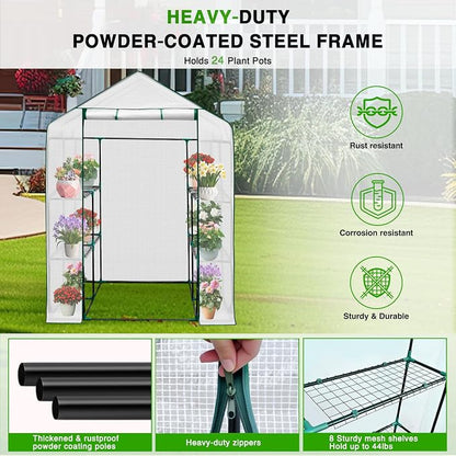 Yesker Greenhouse 57.5"x57"x77" Walk in Green House - Large Outdoor/Indoor Greenhouses with 8 Shelves Waterproof PE Cover & Windows, Portable Greenhouse Kit for Winter Backyard Gardening Patio, White