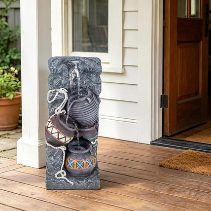 24.4" H Water Fountains Outdoor Indoor, Garden Fountains,Rustic Stacked Pot Waterfall Fountain with LED, Floor-Standing Water Feature for Patios Porch Backyards