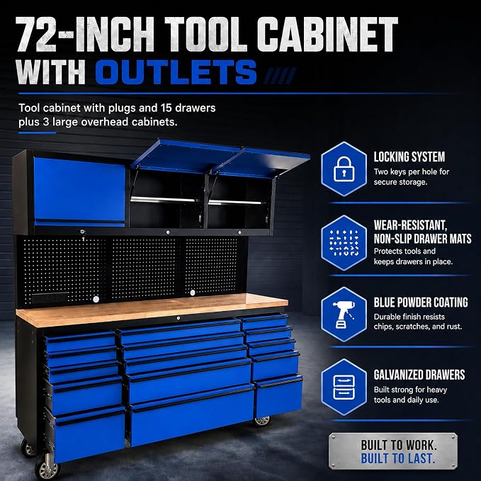 CHETTO C 72 inch Tool Chest Tool Box Mobile 15 Drawer Storage 3 Upper Cabinet Power Outlet SS-Pegboard with Wheels Lock Key Locking System Drawer Liners for Garage Warehouse Repair Shop