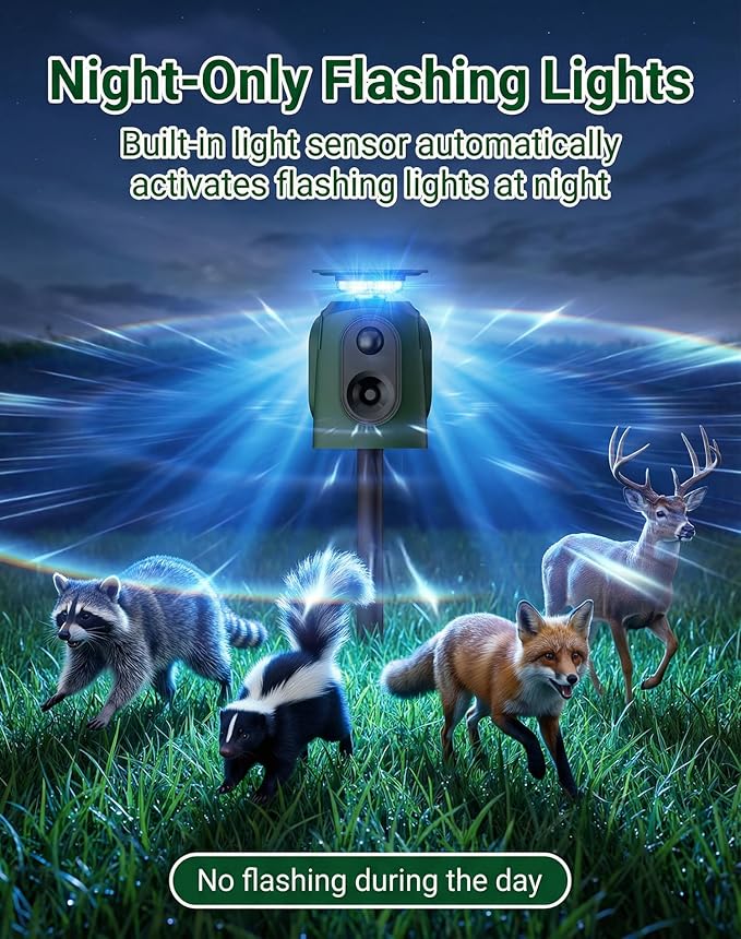 360° Solar Deer Repellent Devices, Motion Activated Ultrasonic Animal Repeller with Flashing Lights, Waterproof Cat Repellent Outdoor, Repel Dog, Raccoon & Coyote Out of Garden - USB Rechargeable