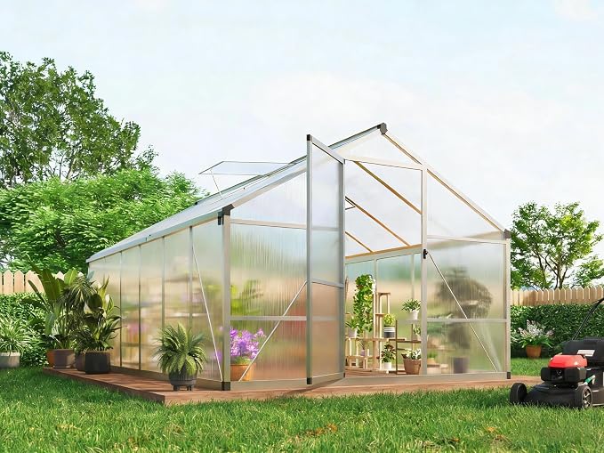 Greenhouse, 8x12 Ft Outdoor Greenhouses, Accessible Green House with Roof Vents and Sliding Doors, Aluminum Frame Polycarbonate Greenhouses, Large Greenhouse for Outdoor Gardens and Backyards, Silver