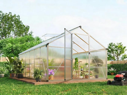 Greenhouse, 8x12 Ft Outdoor Greenhouses, Accessible Green House with Roof Vents and Sliding Doors, Aluminum Frame Polycarbonate Greenhouses, Large Greenhouse for Outdoor Gardens and Backyards, Silver