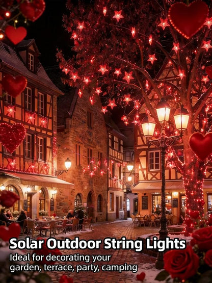 Solar Twinkle Star String Lights Outdoor Waterproof 39FT/100L Fairy Lights | 8 Modes Christmas Decor Camping Tree Party Yard Wedding Garden Red