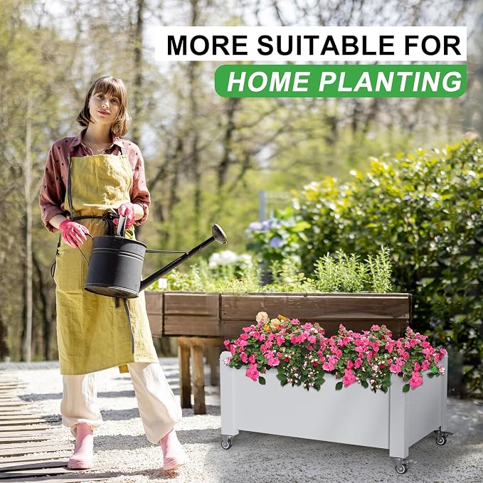 PatioZen Raised Garden Bed, 14 Gallon Self-Watering Raised Planter Box with Drainage Plug & Gauge and Wheels for Vegetables Flowers Herbs Succulents, Resin for Backyard Patio Porch