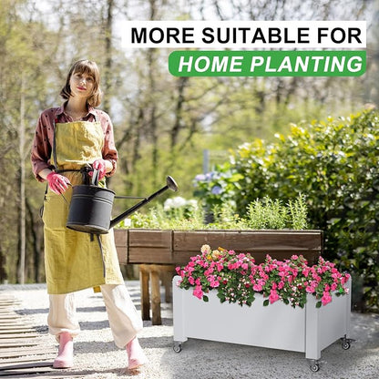 PatioZen Raised Garden Bed, 14 Gallon Self-Watering Raised Planter Box with Drainage Plug & Gauge and Wheels for Vegetables Flowers Herbs Succulents, Resin for Backyard Patio Porch
