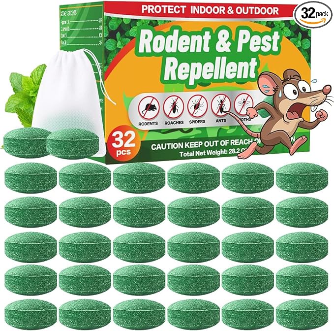 Rodent Mole Repellent Indoor Outdoor - 32 Packs Peppermint Essential Oil Extra Strength for Mice Rat Mouse Bug Spider Roach Repellent Pouches, Moth Balls Pest Control Natural Home Safe