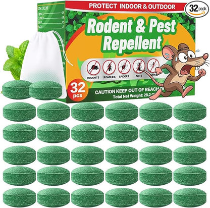 Rodent Mole Repellent Indoor Outdoor - 32 Packs Peppermint Essential Oil Extra Strength for Mice Rat Mouse Bug Spider Roach Repellent Pouches, Moth Balls Pest Control Natural Home Safe