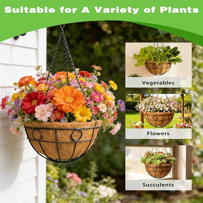 2 Pack 12 Inch Black Metal Hanging Basket Hanging Planter with Coco Coir Liner Heavy Duty Hanging Flower Pot Holder for Indoor Outdoor Patio Garden Porch Balcony Decor (Round)