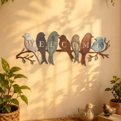 Peryiter Bird Wall Art Birds on Branch Welcome Sign Hanging Outdoor Metal Wall Decor Welcome Signs for Porch Vivid Statue Welcome Wall Decor Tree Silhouette for Bedroom Garden(Vintage Colors)
