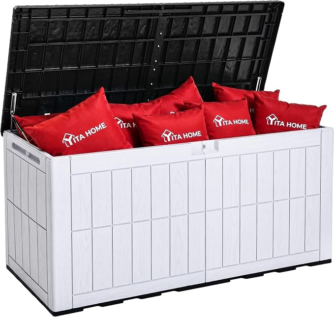YITAHOME 134 Gallon Large Outdoor Storage Box with Lock | Waterproof Resin Deck Box w/Hydraulic Piston for Garden Tools, Pool Accessories & Cushions(Black & Grayish-White)