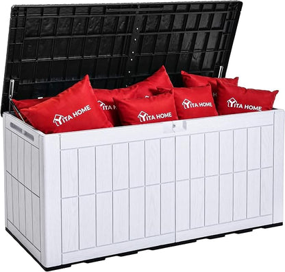 YITAHOME 134 Gallon Large Outdoor Storage Box with Lock | Waterproof Resin Deck Box w/Hydraulic Piston for Garden Tools, Pool Accessories & Cushions(Black & Grayish-White)