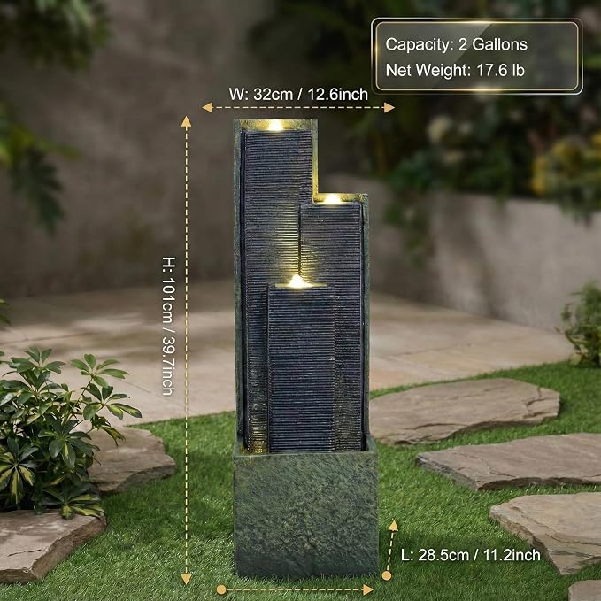 40 Inch Outdoor Water Fountain with LED Light, Modern Cascading Freestanding Resin Waterfall Feature, Tall Garden Decor for Patio Porch Lawn Backyard