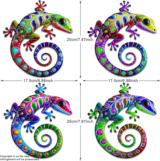 ULENDIS 4 Pack Metal Gecko Wall Decor, 7.8 Inch Lizard Outdoor Wall Art Fence Decorations for Patio and Yard, Colorful Hanging Decoration for Garden Living Room Bedroom Patio Balcony