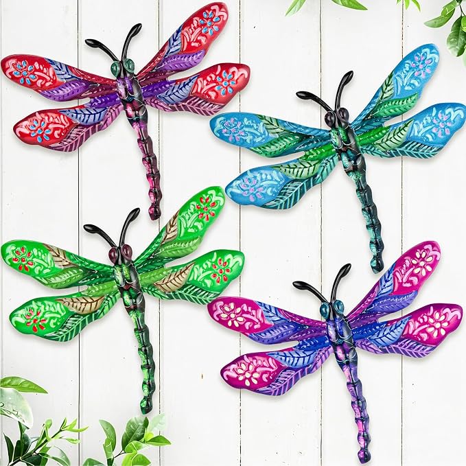SUNREEK Metal Dragonfly Wall Decor - 9.6" Outdoor Fence Wall Art, Hanging Decorations for Garden Yard Patio Room Decorations, 4 Pack (Color-5)