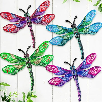 SUNREEK Metal Dragonfly Wall Decor - 9.6" Outdoor Fence Wall Art, Hanging Decorations for Garden Yard Patio Room Decorations, 4 Pack (Color-5)