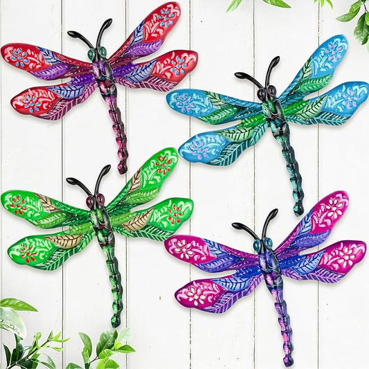 SUNREEK Metal Dragonfly Wall Decor - 9.6" Outdoor Fence Wall Art, Hanging Decorations for Garden Yard Patio Room Decorations, 4 Pack (Color-5)