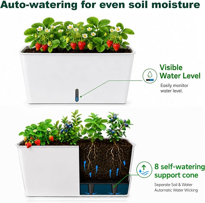 2-Tier 27.8"H Rolling Raised Garden Bed with Wheels, Self Watering Planter Box with Visible Water Level, Gray Rustproof Plastic Herb & Strawberry Planter for Indoor Outdoor Vegetables Flowers, DIY Kit