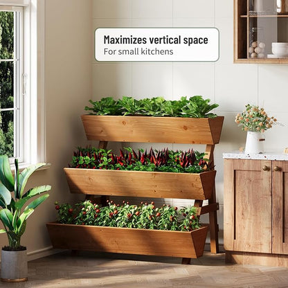 3-Tier Vertical Wooden Raised Garden Bed, Freestanding Garden Planter Box, Wood Flower Rack, Planter Box for Herbs, Vegetables, Outdoor Indoor Use, Large-Brown