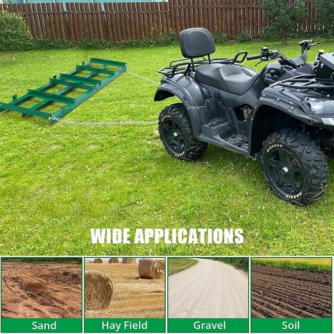 GarveeTech 6 ft Drag Harrow Driveway Grader, Heavy Duty Power Rake with 6 ft Chain, Tow Behind Lawn Rake for ATV, UTV, Tractor, Mower, Land Leveler for Gravel, Sand, Soil, Hay