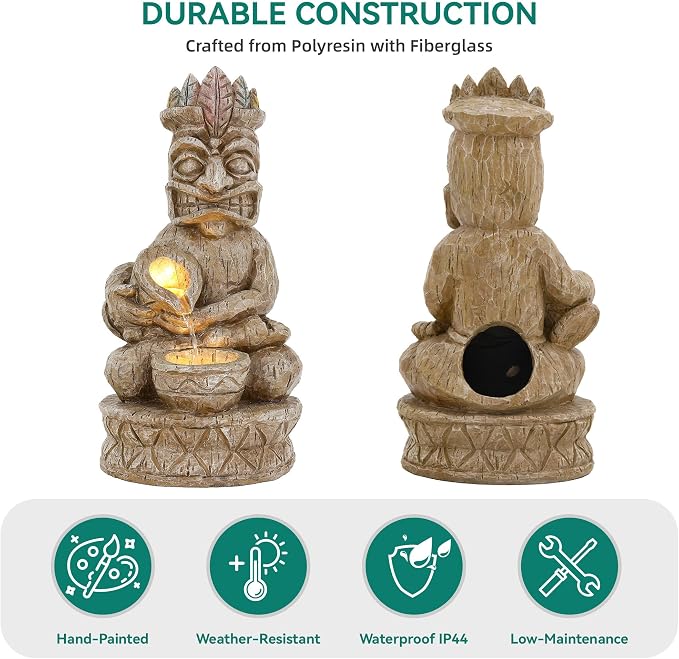 23" H Tiki Statue Outdoor Water Fountain with LED Lights | 2-Tier Tropical Artistic Water Feature with Soothing Cascading Waterfall for Relaxing Meditative Patio Backyard or Porch