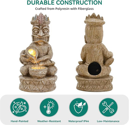 23" H Tiki Statue Outdoor Water Fountain with LED Lights | 2-Tier Tropical Artistic Water Feature with Soothing Cascading Waterfall for Relaxing Meditative Patio Backyard or Porch
