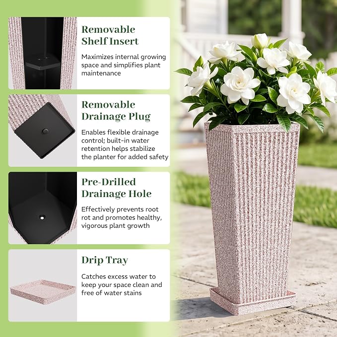 24" Square Tall Planters for Outdoor Plants Set of 2 - Faux Concrete Tapered Indoor Flower Pots with Tray/Insert, Large Outdoor Planters for Porch Patio Garden, White Red Speckled