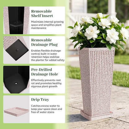 24" Square Tall Planters for Outdoor Plants Set of 2 - Faux Concrete Tapered Indoor Flower Pots with Tray/Insert, Large Outdoor Planters for Porch Patio Garden, White Red Speckled