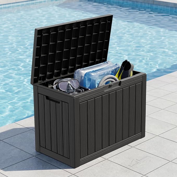 Outdoor Storage Box, 55 Gallon Resin Deck Boxes Outdoor Waterproof For Patio Furniture, Garden Tools, Pool Supplies, Lockable And UV Resistant (Striped Black)