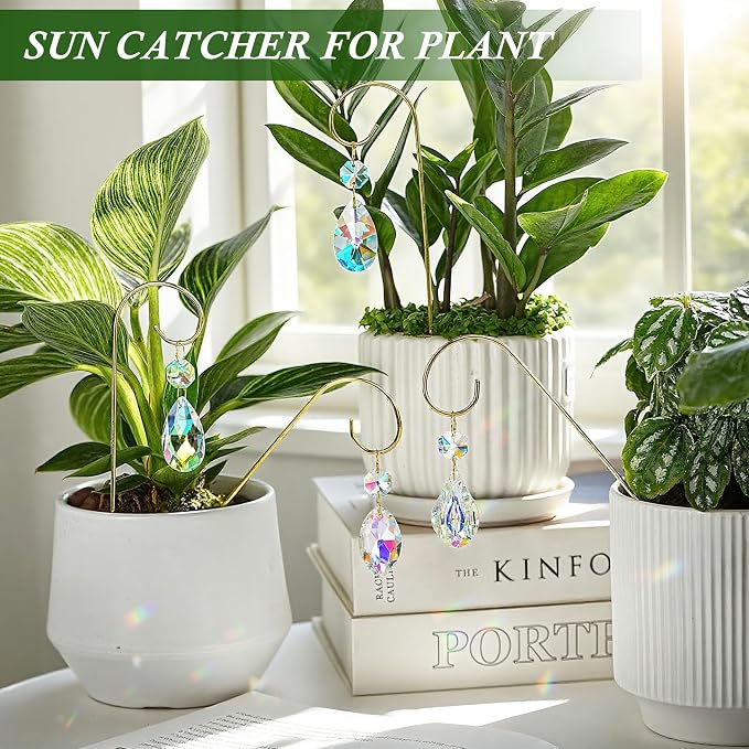 4PCS Small Trellis for Mini Potted Plants with Crystal Prisms Sun Catcher | Indoor Plant Accessories ,7.5inch Metal Plant Stakes Suncatchers for Fairy Garden,Rainbow Crystals,Whimsical Decor For Home