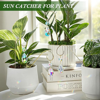 4PCS Small Trellis for Mini Potted Plants with Crystal Prisms Sun Catcher | Indoor Plant Accessories ,7.5inch Metal Plant Stakes Suncatchers for Fairy Garden,Rainbow Crystals,Whimsical Decor For Home