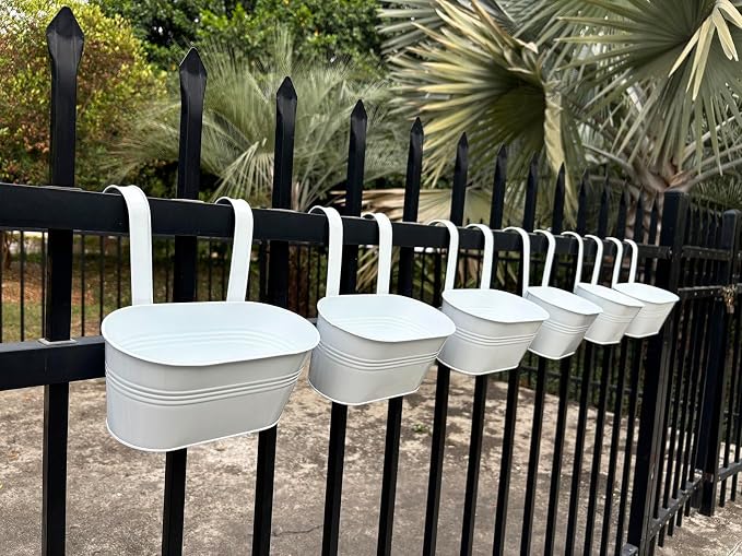 10" Hanging Flower Pots, Pack of 8 White Metal Outdoor Patio Balcony Planter, Railing Planters Fence Pot with Detachable Hook & Drainage Hole for Small Plants (White, 8Pcs)
