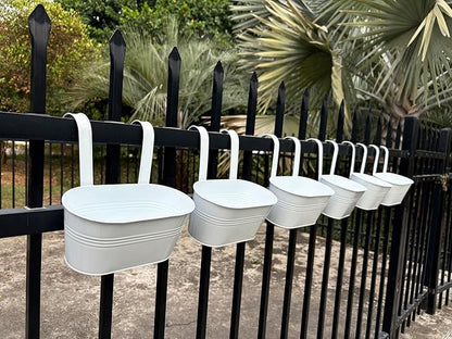 10" Hanging Flower Pots, Pack of 8 White Metal Outdoor Patio Balcony Planter, Railing Planters Fence Pot with Detachable Hook & Drainage Hole for Small Plants (White, 8Pcs)