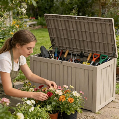 180 Gallon Outdoor Storage Box Resin Deck Box All Weather Waterproof Large Lockable Storage Container Deck Box for Patio Furniture, Garden Tools, Lockable, Grey