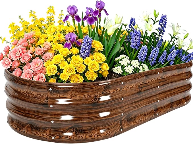 4x2x1 FT Galvanized Raised Garden Bed Kit, 12-Inch Deep Oval Metal Planter Boxes, Rust-Resistant Deep Root Planters for Outdoor Vegetables, Flowers, Herbs, Strawberry, tomatoes, Wood Grain Color