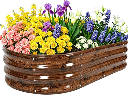4x2x1 FT Galvanized Raised Garden Bed Kit, 12-Inch Deep Oval Metal Planter Boxes, Rust-Resistant Deep Root Planters for Outdoor Vegetables, Flowers, Herbs, Strawberry, tomatoes, Wood Grain Color