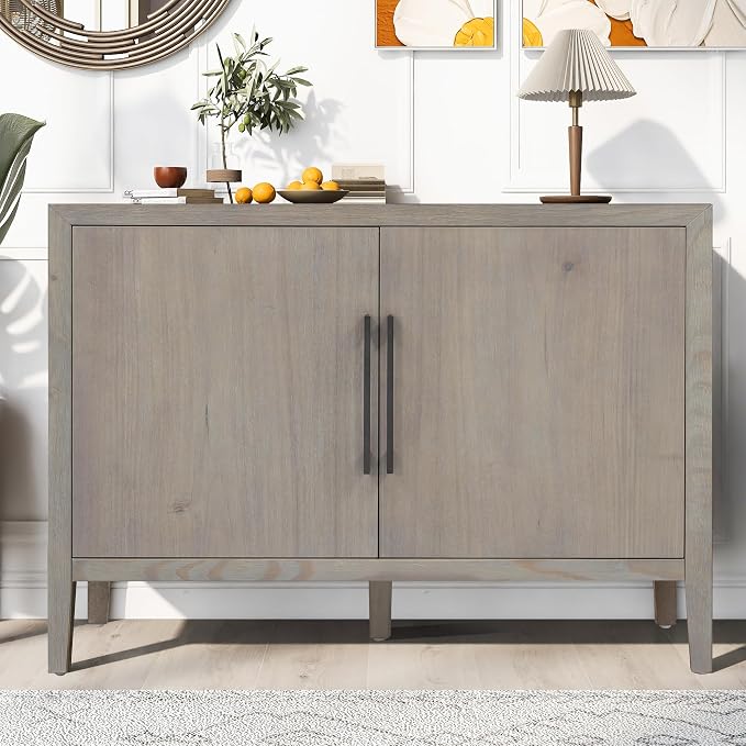 Merax Wood Farmhouse Buffet Sideboard with Metal Handles and 2 Doors, Coffee Bar Storge Cabinet Console Table for Living Room Bedroom Kitchen Hallway, Gray
