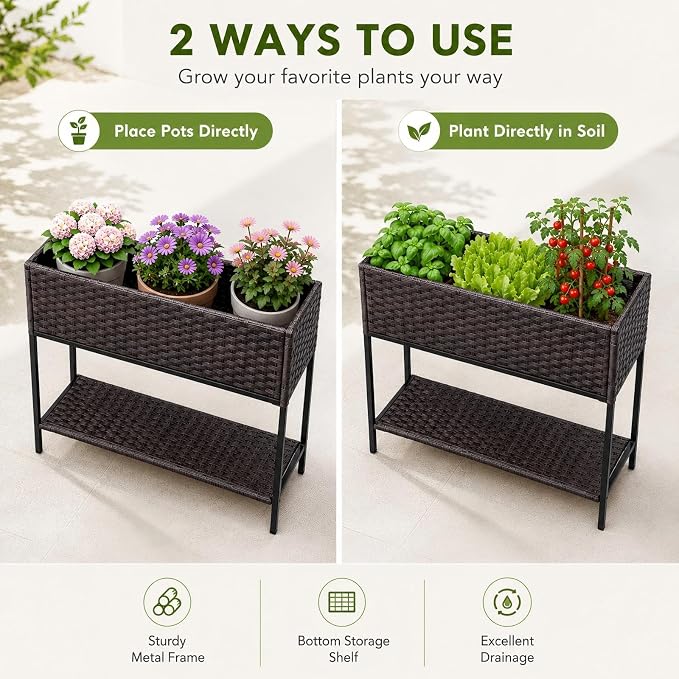 Raised Garden Bed - 3x1.5x2.5 ft Rattan Raised Bed Wicker Elevated Raised Garden Bed with Underneath Tool Storage Rack Shelf, Outdoor Raised Flower Planter Box
