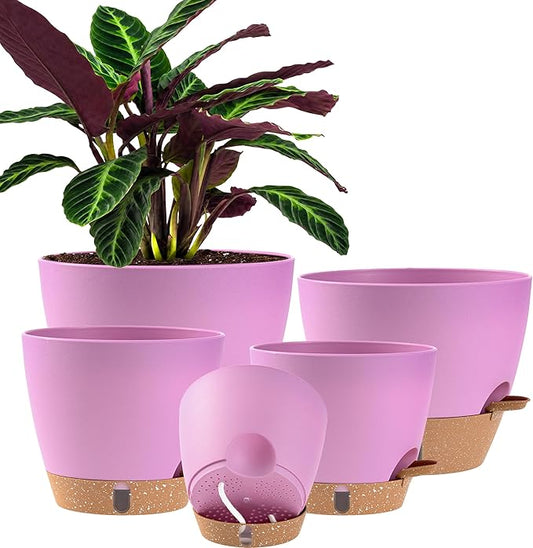 Self Watering Pots for Inoor Ourdoor Plants 10/9/8/7/6.5 Inch Plastic Planters with Drainage Holes & Water Level Indicator, Decorative House Flower Nursery Planting Pots with Saucers (Dusty Lavender)