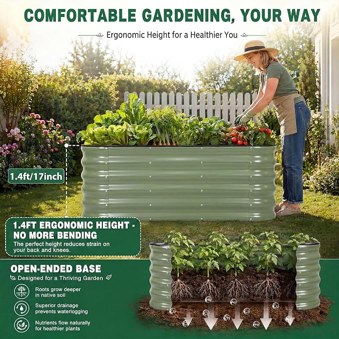 3 Pcs Raised Garden Beds Outdoor, 17" Tall 3-in-1 Modular 4x2ft Galvanized Metal Planter Box with Bracing Rods and Gloves for Vegetables Flowers Herbs, Olive Green