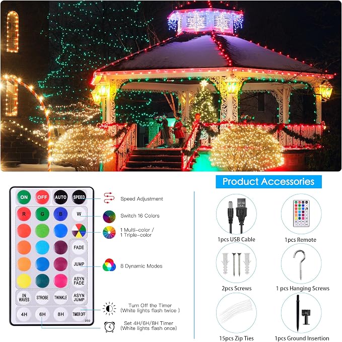 Solar String Lights Outdoor Waterproof 40Ft, 18 Colors Changing 100 LED Christmas Lights Solar Powered & USB with Remote, RGB Fairy Lighting for Outside Tree Fence Party Indoor Halloween Decor