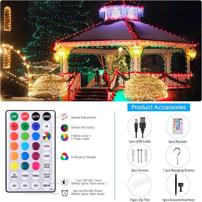Solar String Lights Outdoor Waterproof 40Ft, 18 Colors Changing 100 LED Christmas Lights Solar Powered & USB with Remote, RGB Fairy Lighting for Outside Tree Fence Party Indoor Halloween Decor